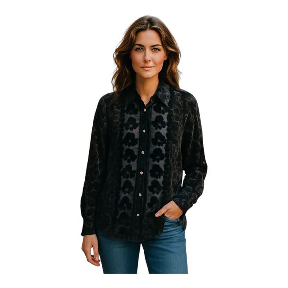 XXist Women's L Blouse Silk Blend Velvet Burnout Button Up Black Whimsy Goth 44" - Picture 1 of 8